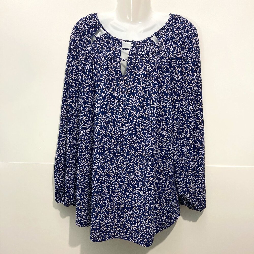 Fair Haven Women’s Floral Long Sleeves Blouse Top Cut out elastic neck Blue 2XL